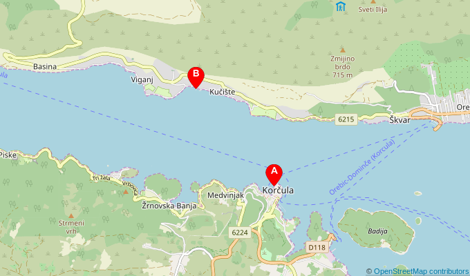 Map of ferry route between Korcula and Kuciste